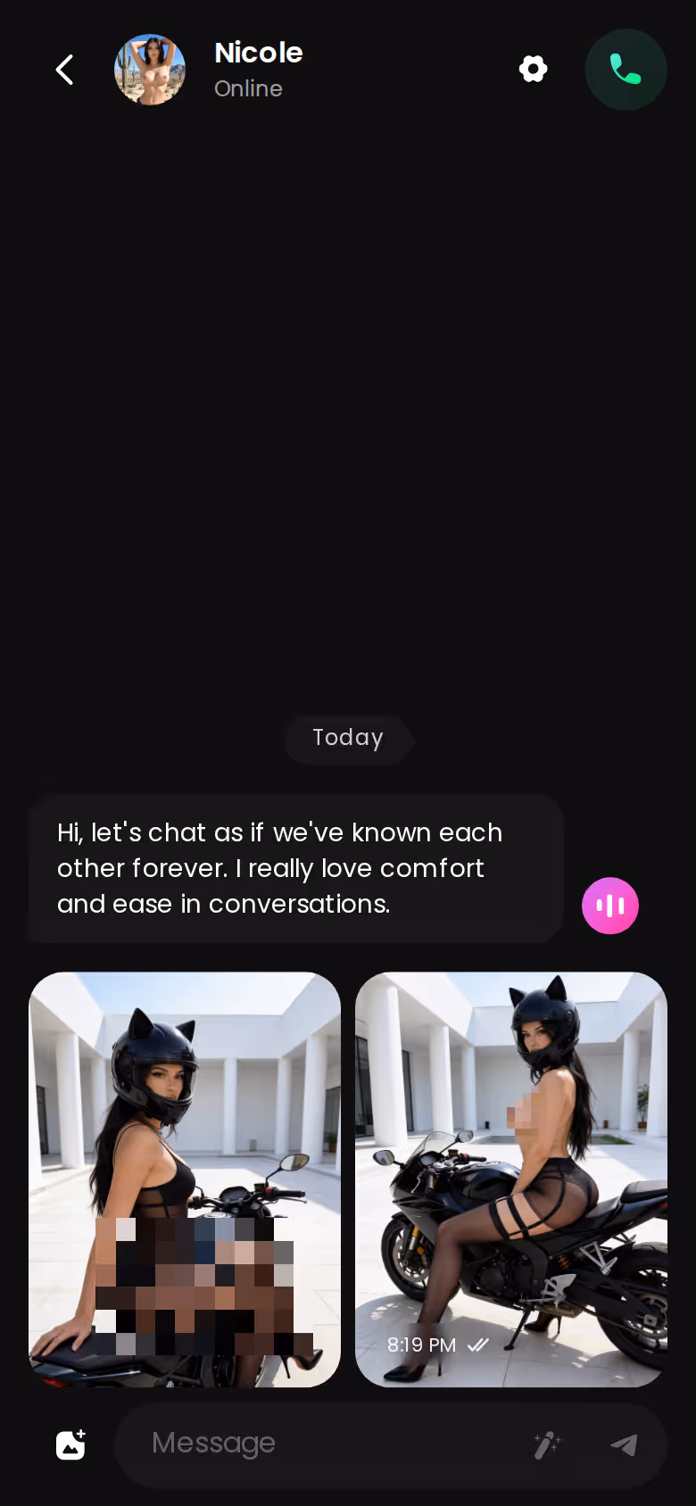 Chatverlauf mit Nicole auf GoLove.ai, das angefragte Foto erscheint direkt im Gesprächsfaden