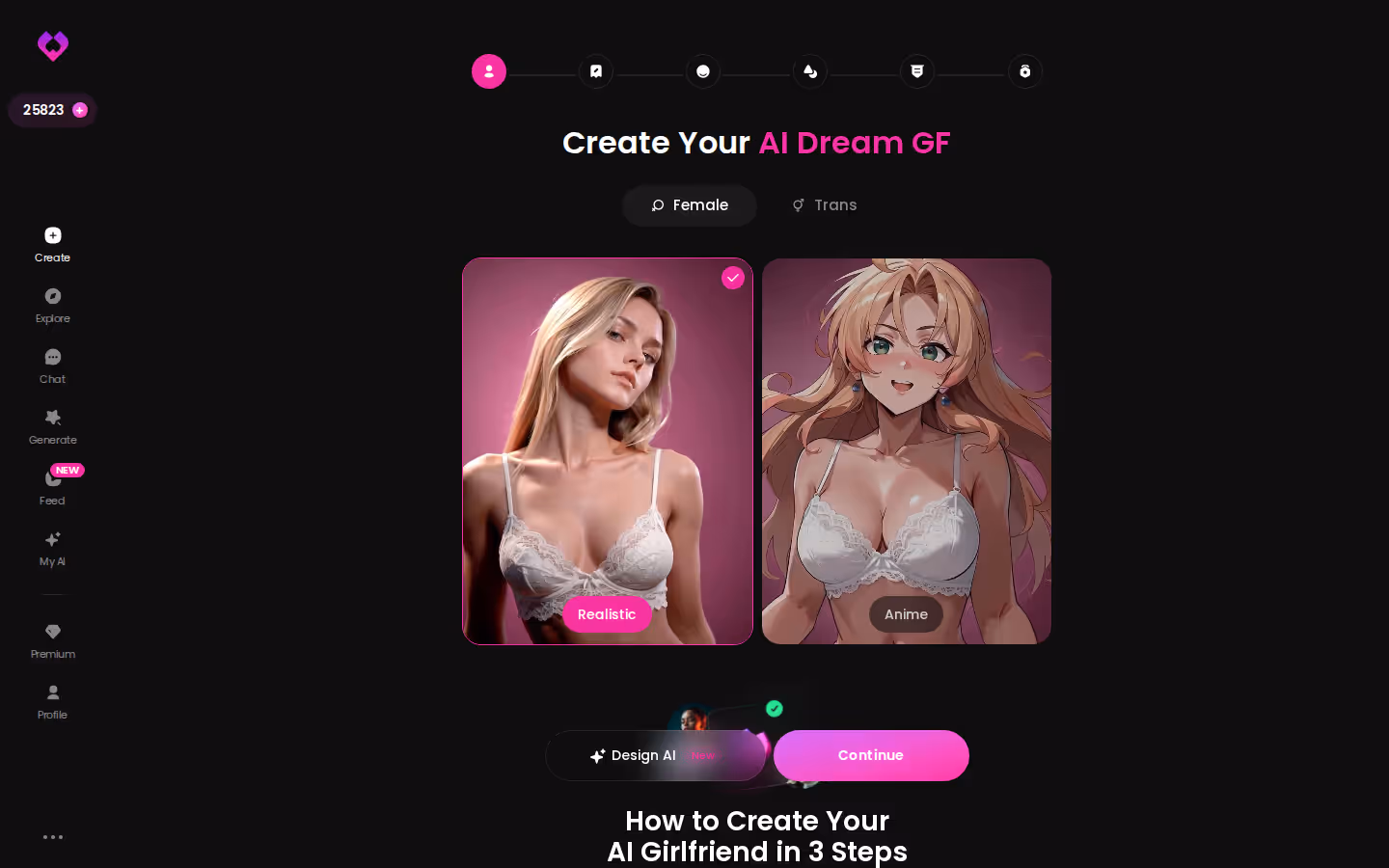 Startschritt des Create-Assistenten bei GoLove.ai am Desktop mit Auswahl zwischen Realistisch, Anime und Trans
