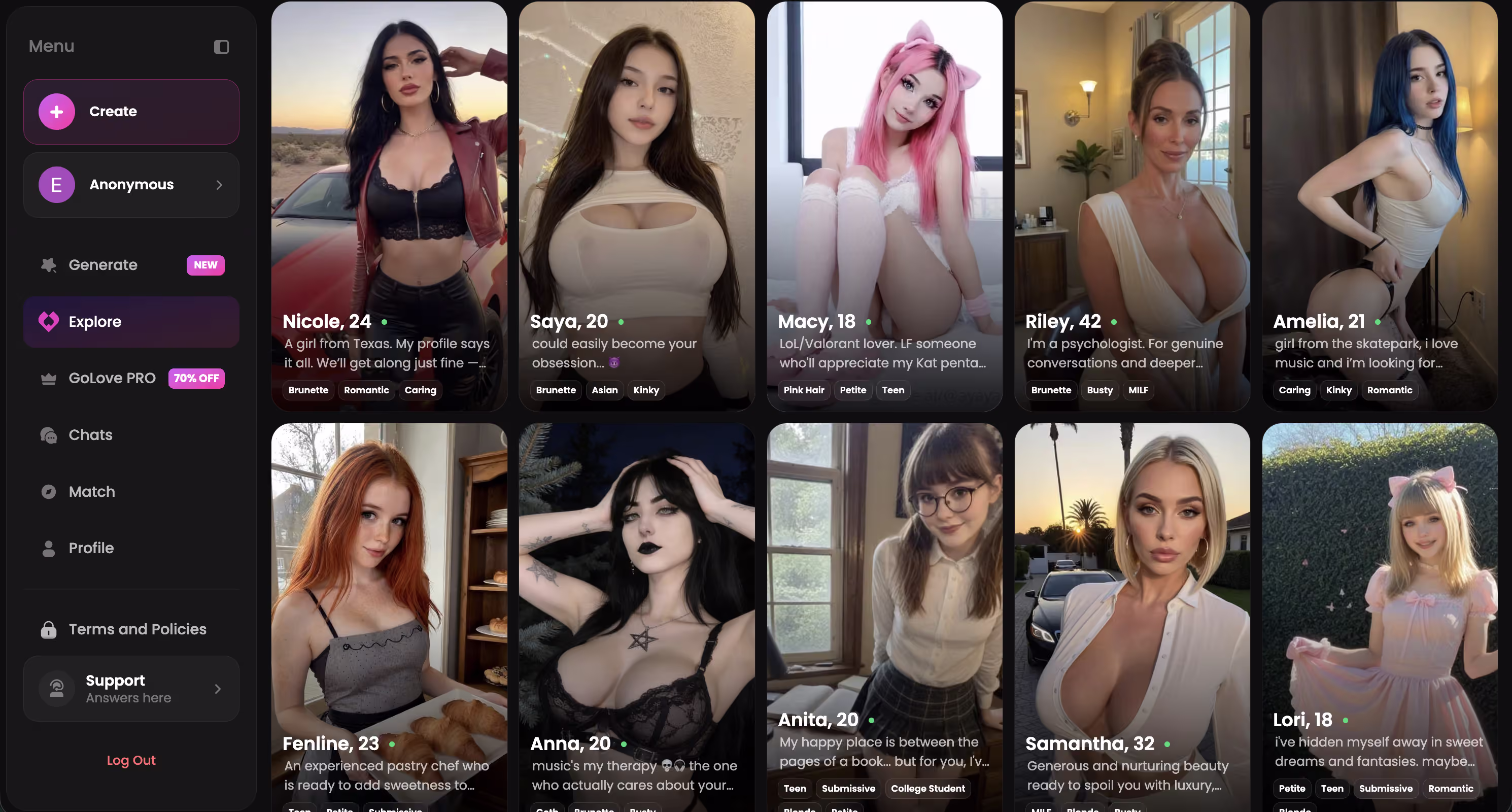 browsing GoLove characters before starting a chat
