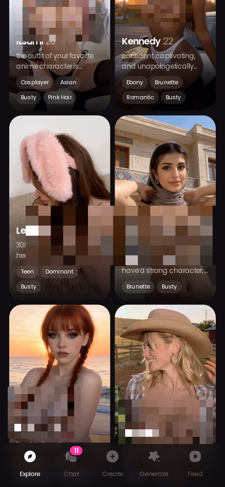 GoLove.ai Explore-Tab auf dem Handy mit realistischen KI-Freundinnen, ein Tipp öffnet direkt den Chat