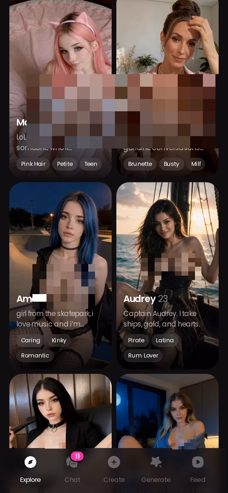 More of the mobile GoLove.ai Explore character grid — gf application