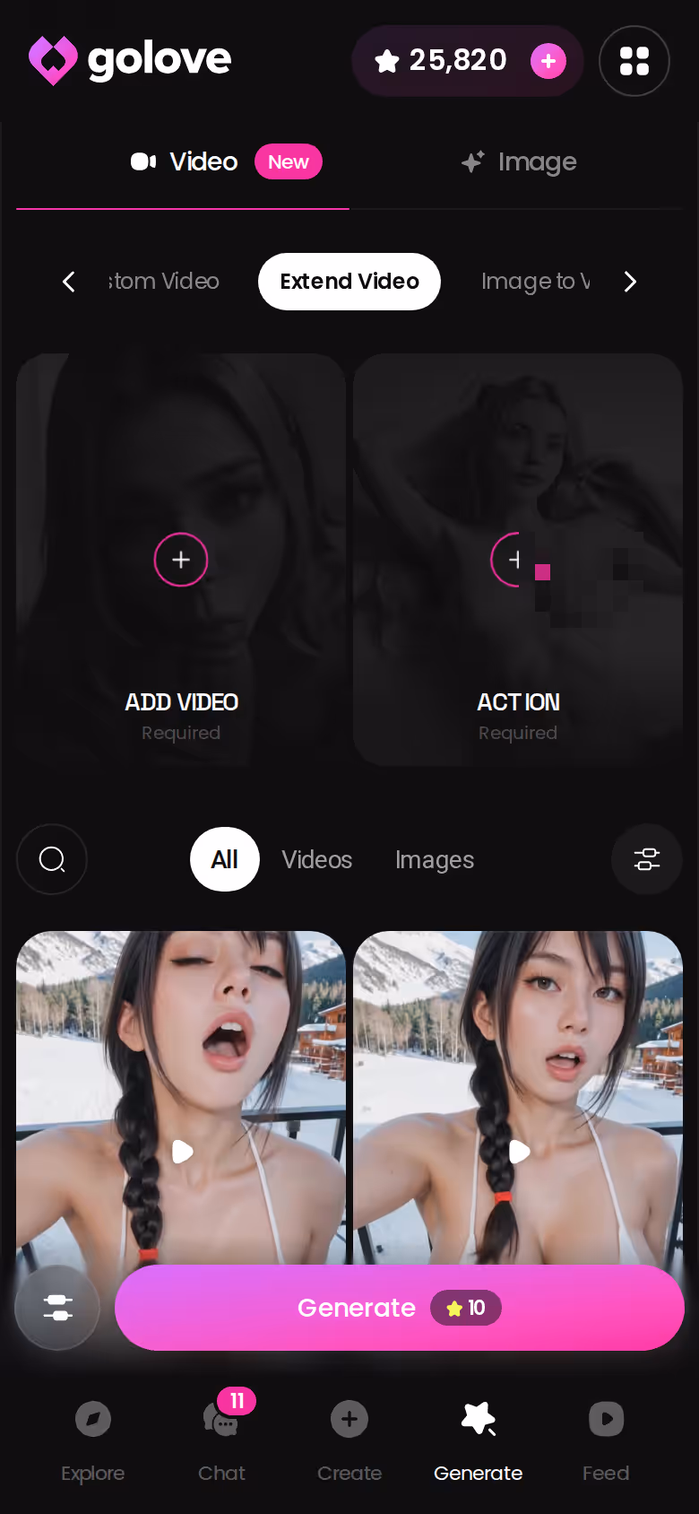 GoLove Video-Generator auf dem Handy mit Aktion-, Outfit- und Szenen-Auswahl