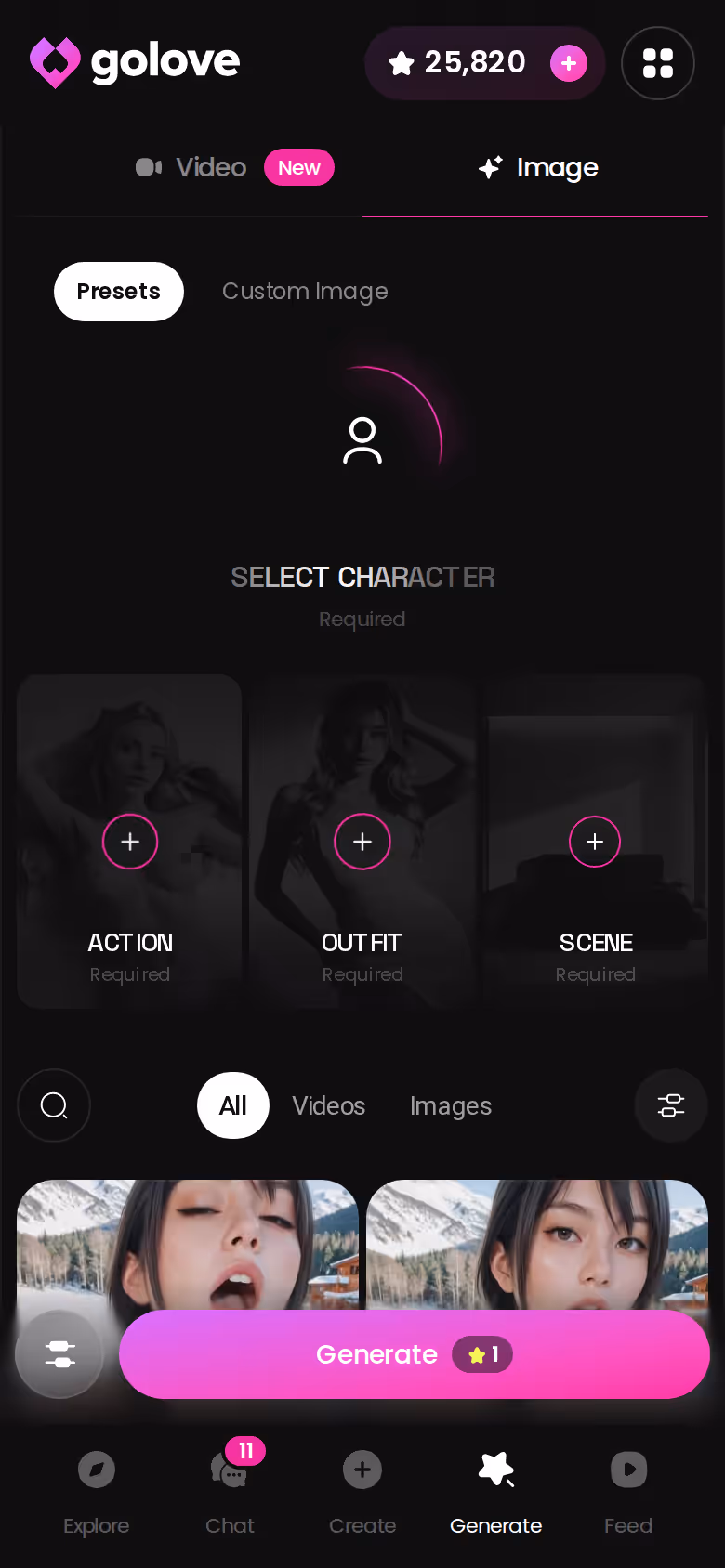 Mobile Image mode in the GoLove.ai generator with preset cards — ai cum slut
