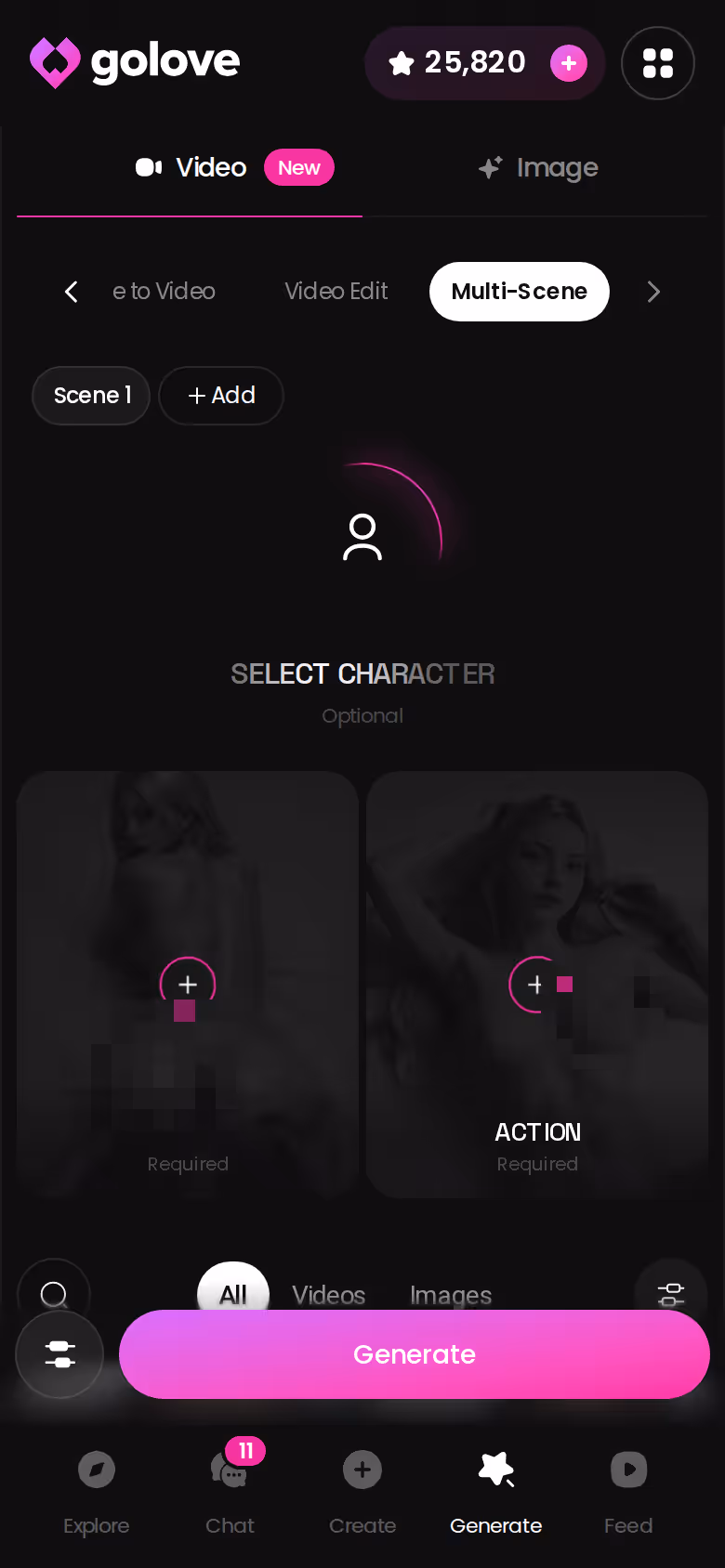 GoLove.ai Generator auf dem Smartphone mit mehreren Szenen-Vorlagen zur Auswahl