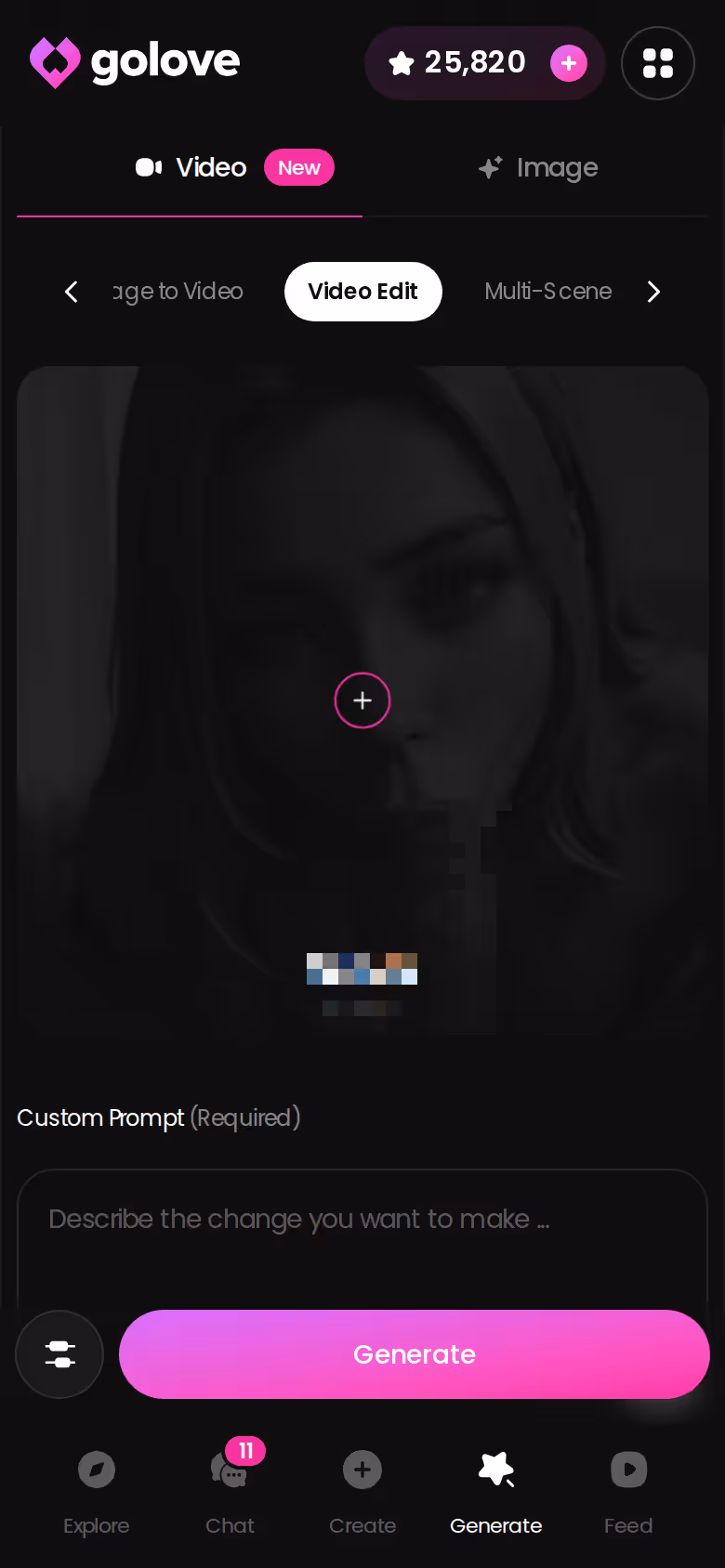 Video-Generator von GoLove.ai auf dem Handy — Action, Outfit und Szene als Preset-Karten